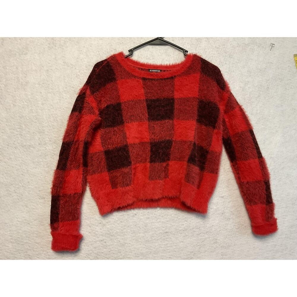 Express Sweater Womens XS Red Black Buffalo Plaid Fuzzy Eyelash Crewneck Cropped
